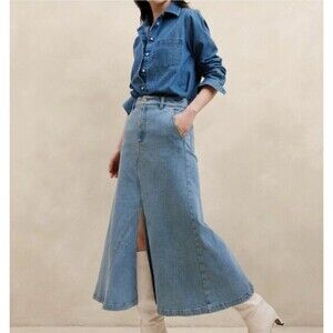 Banana Republic Center Split Light Wash Maxi Denim Skirt Size 14